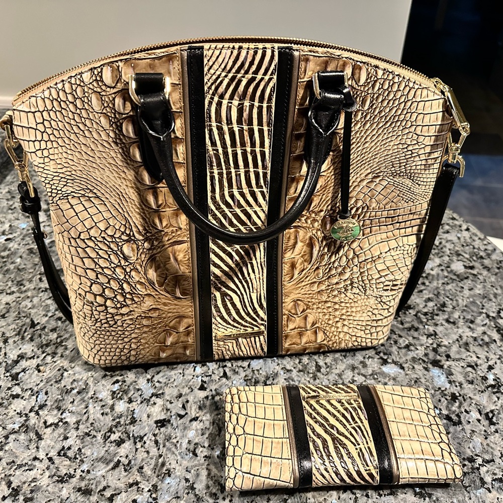 Brahmin large satchel handbag with matching full size wallet, includes dust bag